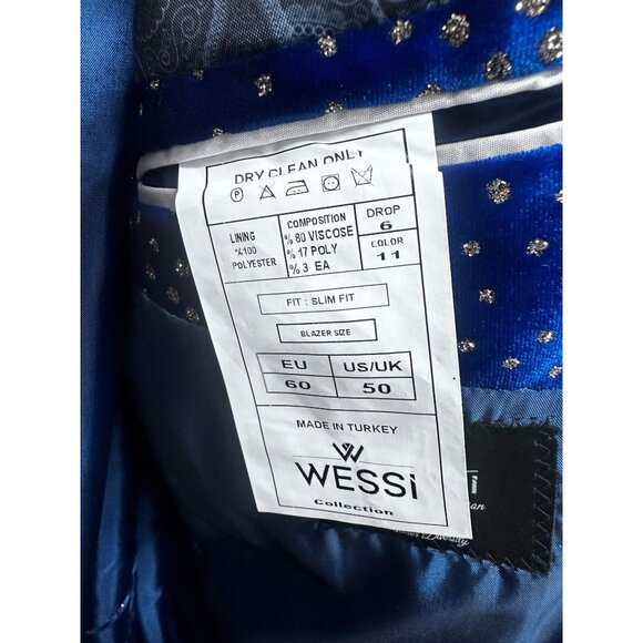 Dot Patterned Peak Lapel Royal Blue Men's Singer Performance Blazer - Wessi 50 - Picture 3 of 8
